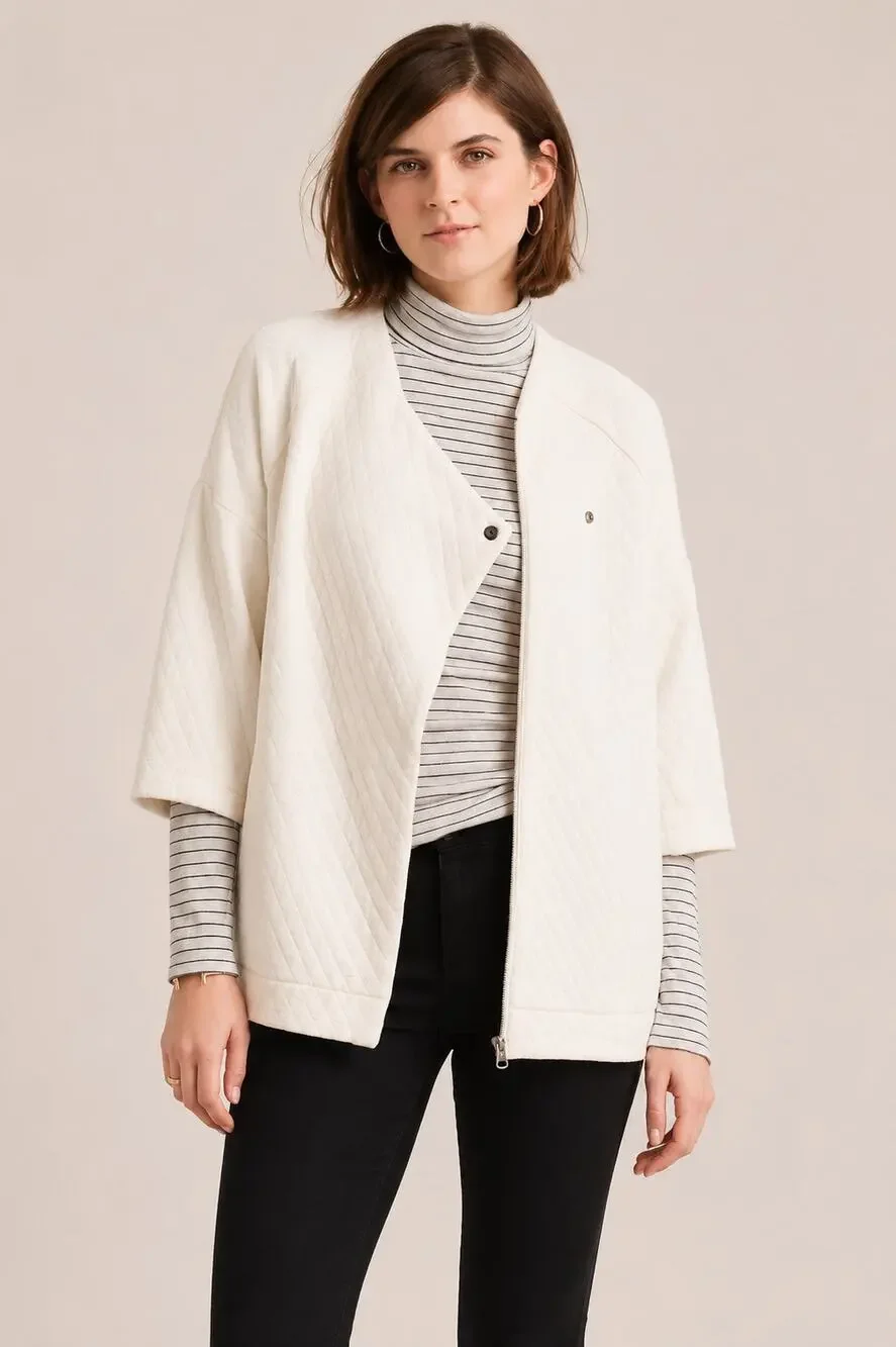 Anthropologie Bella Luxx Asymmetrical 3/4 Sleeve Quilted Jacket Cream XS NWT